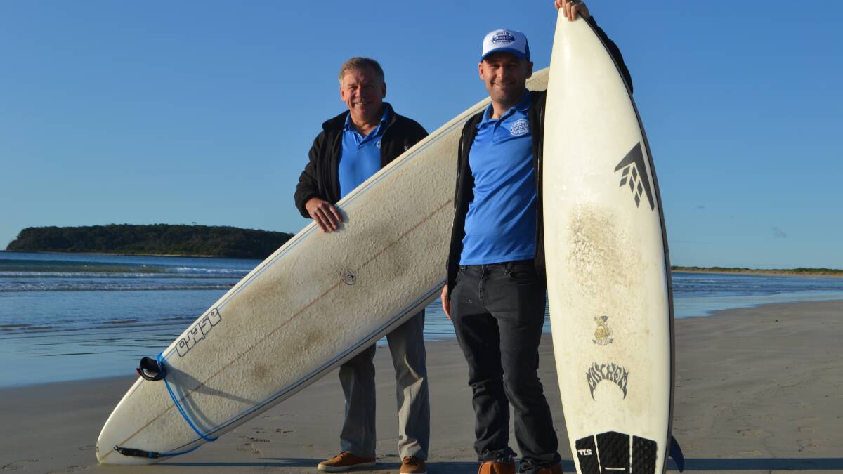 ON A WAVE: Broulee Surf School coaches Rob Nedwich and Shane Wehner are set to carve up the swell at the Australian Surf Festival.
