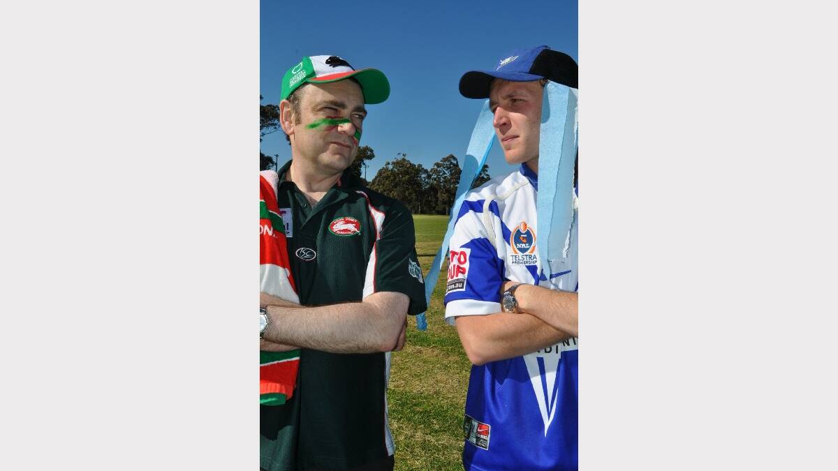 BATTLE COLOURS: South Sydney Rabbitohs fan Josh Gidney and Canterbury Bulldogs supporter Sam Strong have their final say on the NRL grand final. 