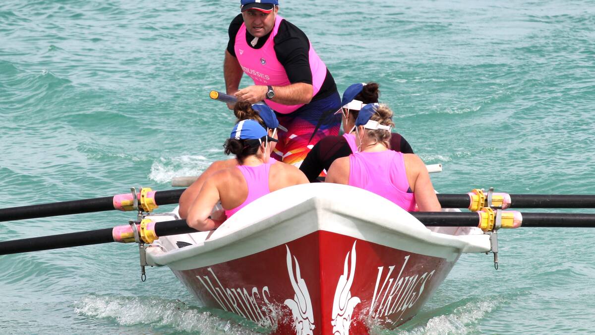 HEADING IN: The Moruya-Canberra Vikings open women’s crew was narrowly eliminated in the early rounds at the National Surf Life Saving championships. 
Photo: Harvpix.