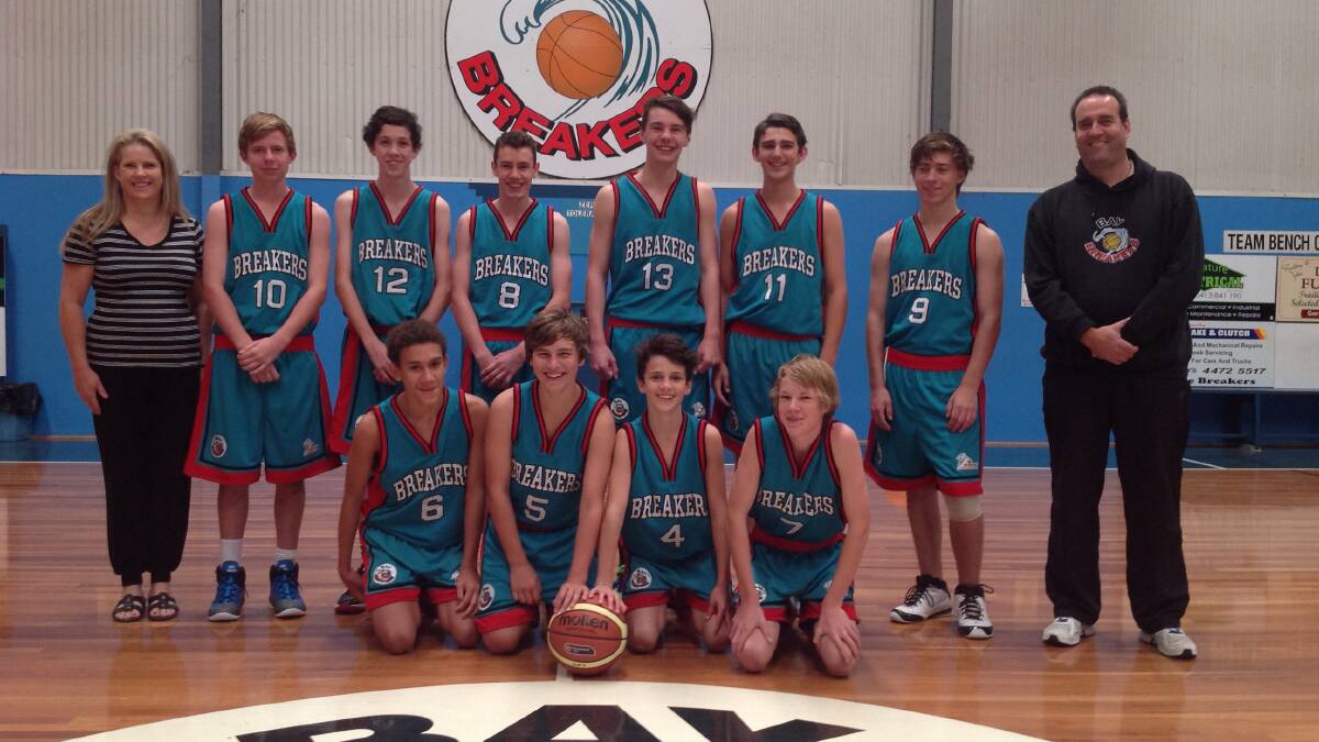 ON THE BALL: Manager Carolyn Harding and coach Geoff Armstrong with Bay Breakers under 16 boys players (back, from left) Brys Pallat, Aiden Scicluna, Jarryd Cursio, Riley O’Shannessy, Jeremy Harding, Damon Hanson, (front) Zac Southwell, James Gunson, Lockie Armstrong and Riley Van Dyk, who are ready for the start of the junior southern league in Canberra this weekend.
