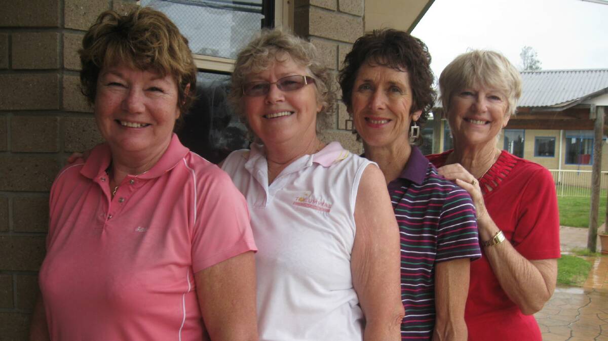 SERVE AND VOLLEY: Bay Dolphins’ Barb Cuthbertson, Sybil Buchanan, Margaret de Smet and Jan Mitchell.