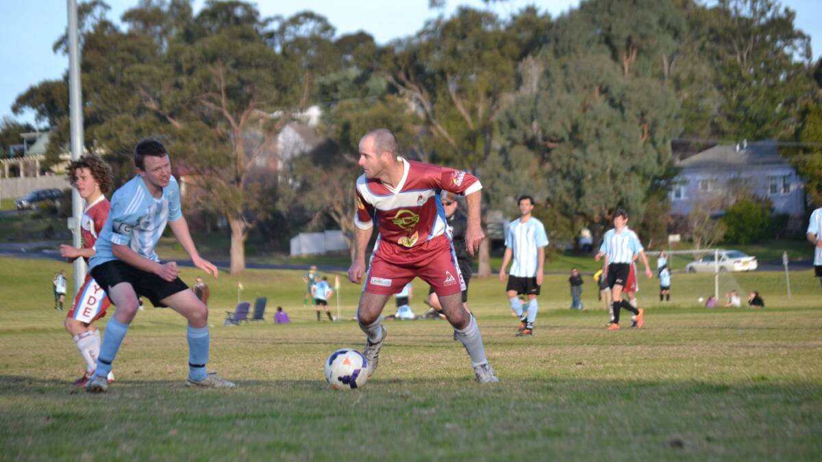 ON THE BALL: Clyde United’s Dean Charmichael, pictured playing against Moruya, and his team mates poured in six goals against Broulee on Sunday.  