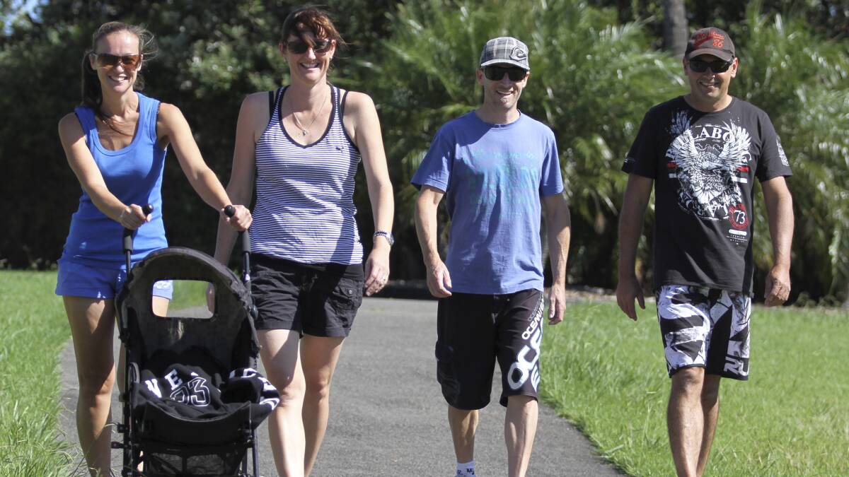 KIAMA: Amanda Klenke, Melissa Dos Santos, Anton Klenke and Michael Markovic getting in some practice for this weekend's Shell Cove Walk or Run for Fun, Picture: DAVID HALL  