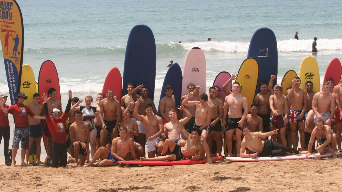 Canberra Raiders rugby league players hit Broulee Beach for boot camp. PICTURE: Surf the Bay Surf School 