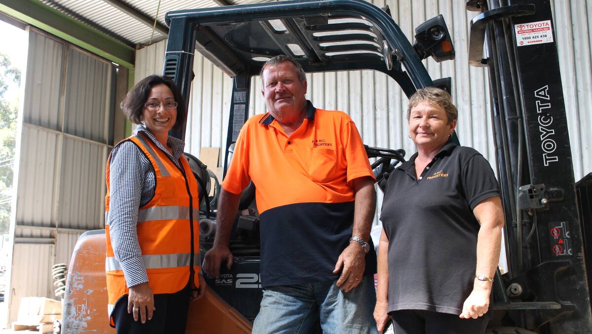 BEGA: WorkCover's Bega district coordinator Donna Salway (left) discusses transport worker safety with Ray Collins and Vina Dunham from RMC Freighters 