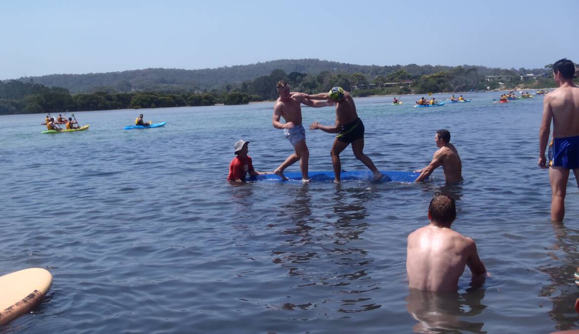 Canberra Raiders rugby league players hit Broulee Beach for boot camp. PICTURE: Surf the Bay Surf School   
