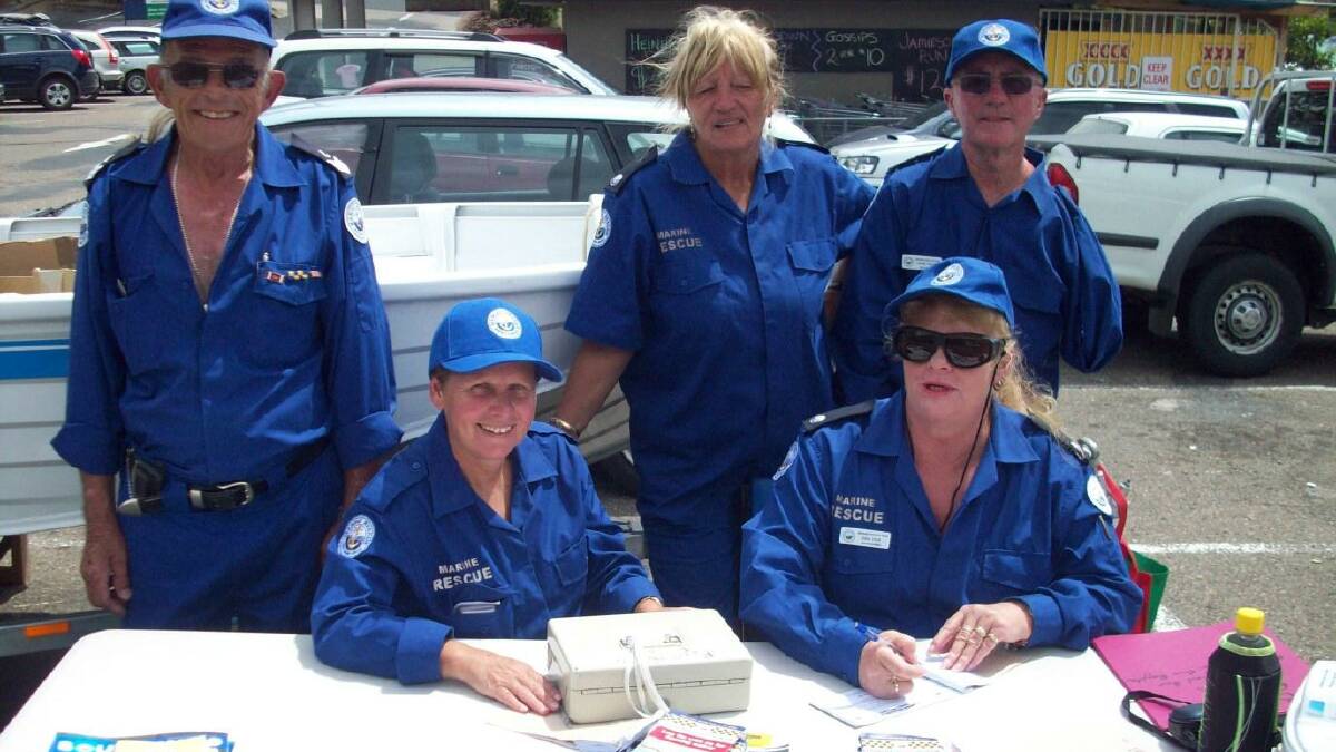 NAROOMA: Fearless and tireless Marine Rescue Narooma members are out and about selling tickets for the Quintrex 390 fishing boat raffle drawn on Saturday. Pictured standing are Dennis Cox, Ronja Young and John Young, and seated are Diana Morgan and Gail Cox.
 