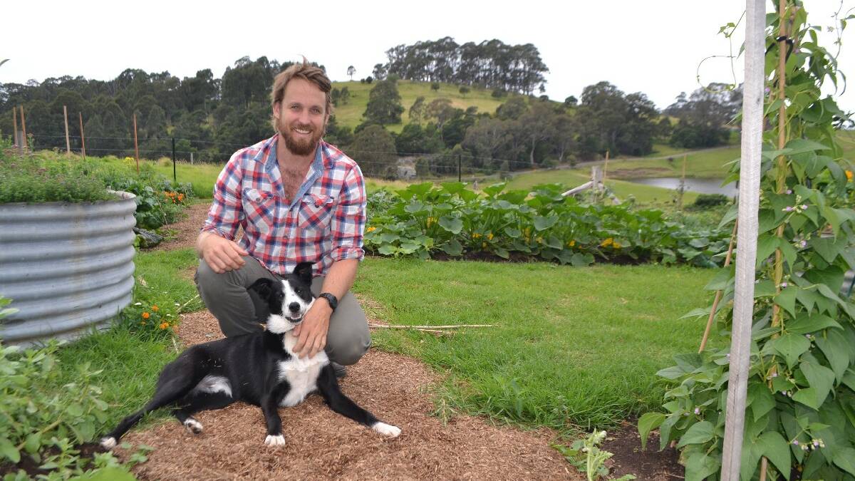 TILBA: River Cottage Australia host Paul West and Digger dog in the veggie patch on the farm at Central Tilba that soaked up the drop of rain this week. Production on Series 2 has just begun. 
