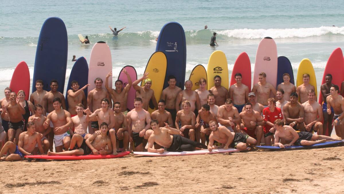 Canberra Raiders rugby league players hit Broulee Beach for boot camp. PICTURE: Surf the Bay Surf School 