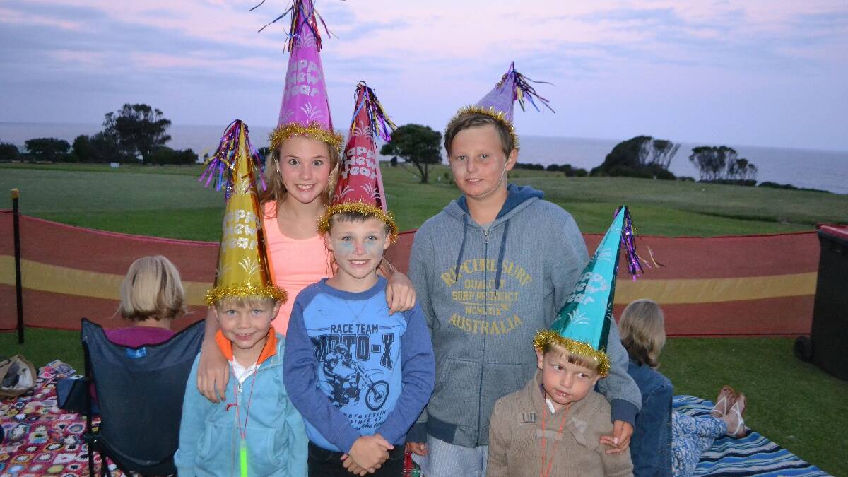 NAROOMA : Wearing their New Year hats and waiting for the fireworks at the Narooma Golf Club are the McDonald kids from Narooma – Hunter, Shaylee, Cohen, Mitchell and Tommy