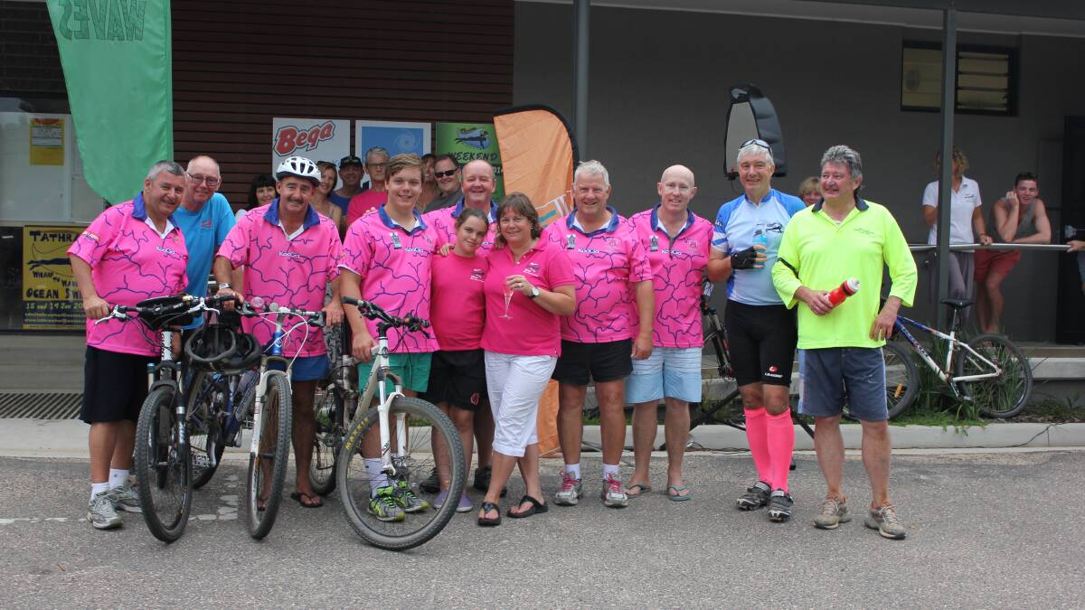TATHRA: Family and friends of the late David Dodd pay tribute to the well-known local by wearing pink jerseys for the Wharf to Waves bike ride from Tarraganda to Tathra. 