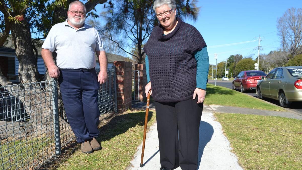 BAD FALL: Ron and Christine Ingram outside Moruya Public School where Christine was badly injured in a fall in July 2012.