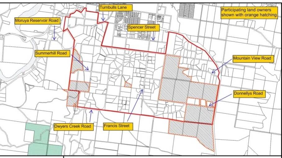 STUDY AREA: Parcels of land in Moruya being considered for the bio-certification process are bounded in red.
