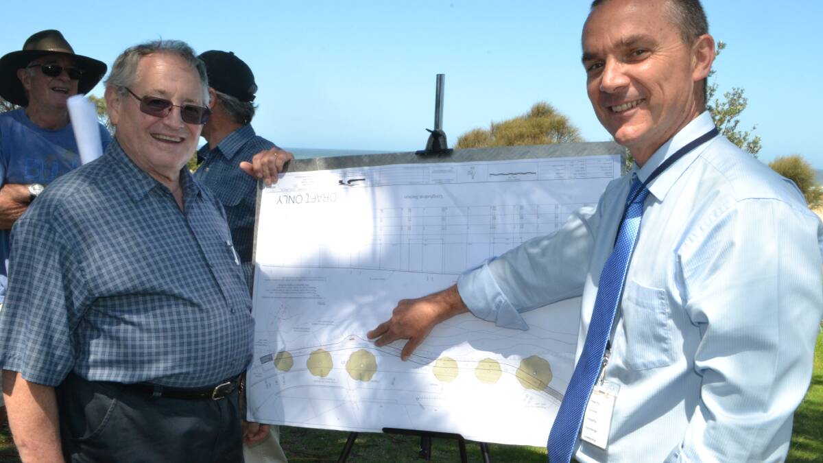 BOARDWALK PLANED: Tuross Head Progress Association president Gary Cooper discussed plans for the Nelson Parade Boardwalk with Eurobodalla Shire Council’s director of infrastructure services Warren Sharpe. 