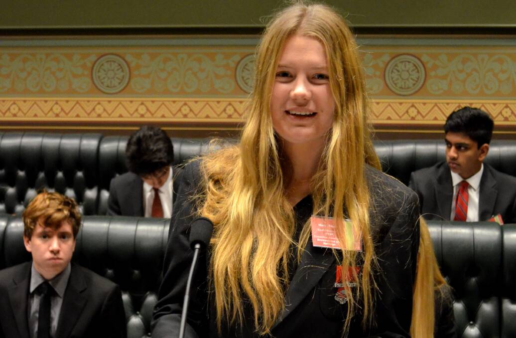 IN SESSION: Mary Tilyou addresses the YMCA Youth Parliament held in Canberra this month. Photo: YMCA NSW.