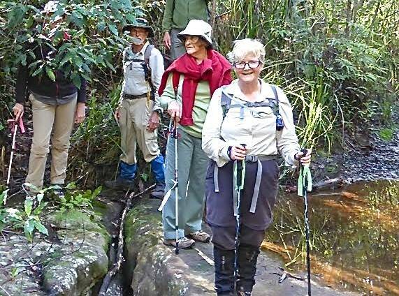 STEPPING OUT: Karen MacLatchy, Stan Marchant, Joan Barrass and Kay Vine crossing Ryans Creek.
