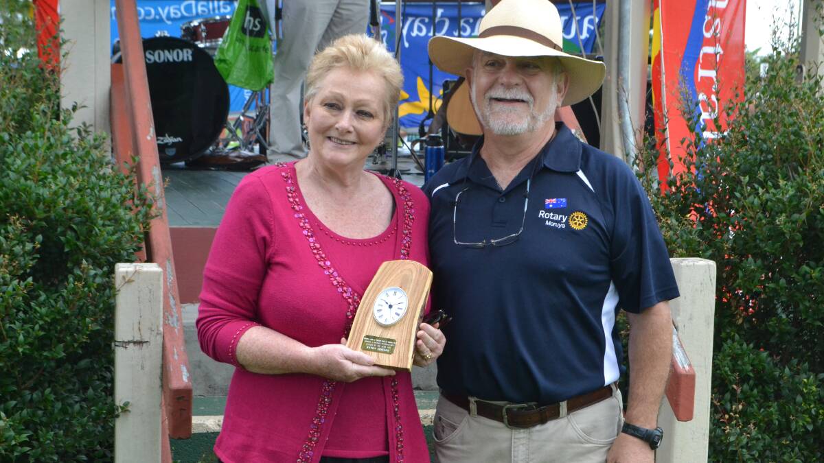 Moruya's 2015 Citizen of the Year Kathy Shields and Moruya Rotary president Keith Armstrong.