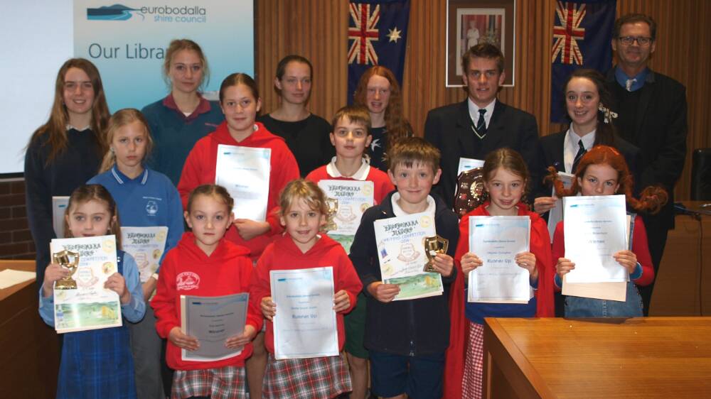 Photo: The finalists of the Mayor's Writing Competition for 2014. Each of these young authors is featured in the new 2014 Mayor's Writing Competition Anthology now available at Eurobodalla libraries. Back Row: Molly Bleany, Daisy Ware, Cara Earlam, Emma Floreani, Thomas Brown, Holly Last, Mayor Lindsay Brown; Middle Row: Bonnie Rouch, Sarah Burnes, Oliver Dolphin; Front Row: Claudia Taylor, Eva Barker, Stell Lloyd, Jacob Bartusch-Rice, Stephie Ovington, Ruby Efraeson. Absent: Alex Martin.