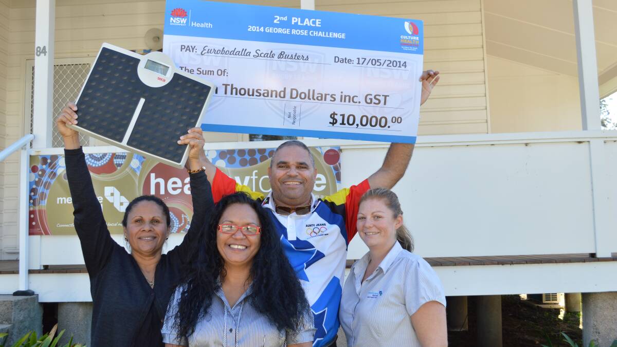 SCALEBUSTERS: A local team has taken out second place in a statewide Koori health and fitness challenge. Proud Aboriginal health workers from the Southern NSW Medicare Local and the Local Health District (l-r) Raylene Merritt, Tina Kelly, Ivan Goolagong and Jess Jackson show off the Eurobodalla Scalebusters prize money, which is being reinvested in a second challenge due to start next month.