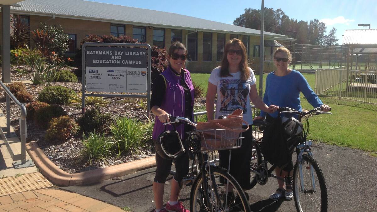 Pedalling book-ladies Mary Castrisios, Jodee Burnett & Margaret Brus from Batemans Bay Library Staff took up the challenge on Ride2Work Day last year.