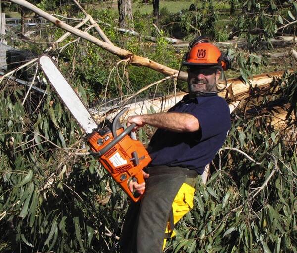 SAW POINT:  Mal Pengilly, Batemans Bay Rural Fire Service captain and Eurobodalla Regional Botanic Gardens Friend and volunteer, gets down to business cleaning up the mess at the Gardens caused by winds that reached 148km/h in the Eurobodalla on Saturday night.
