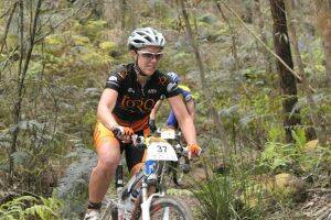 ON TRACK:  Becky Mates negotiates her way through the Wombat State Forest during the 100km Dirt Works Classic.