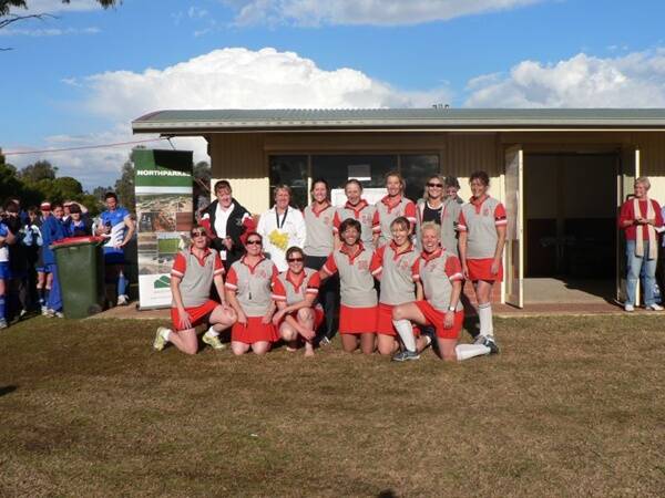 CHAMPIONS:  The over 35s Ducklings players (back) Tania Maddison, Ros Smith, Chloe Hoffman, Bronwyn Glyde, Karen Senior, Kelley Martin, Lisa Videion, (front) Janeene Michelle, Dale Sponberg, Julie Challice, Lyndall Lotze, Melanie Musgrove and Linda Wilton.