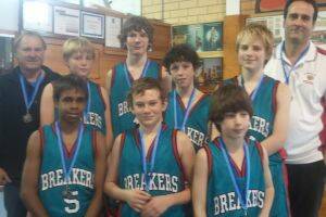 FINALS BOUND:  The Batemans Bay Breakers under 14s team consisting of (back) manager Paul May, Michael Thane, Joe Askins, Aiden Scicluna, Adam May, coach Geoff Armstrong, (front) Liam Nelson, Angus Armstrong and Ordie Olah.