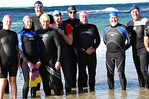 BRAVE SOULS:  Broulee lifesavers Maddie Grayson, Emma Grayson, Simon Fearn, Geoff Wells, Gabriel Smith, Shannon Doughty, Ray Vest, Peter Halpin and Al Veness have begun preparations for next year’s inaugural endurance swim.