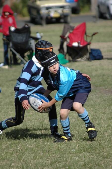 GRAMMAR LESSON:  Dolphins under 9 scrum half Dylan Brown is about to get the ball out to his backs despite the attention of a Canberra Grammar defender at Captain Oldrey Park on Saturday.