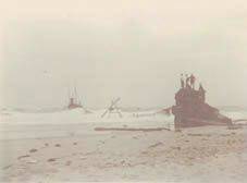 LUCKY ESCAPE: The wreck of SS Kameruka on Pedro Point reef of Moruya Heads in October 1897. The cradle used in the rescue of all crew and passengers is still standing in the heavy-breaking seas. The photograph was taken by “Wood of Bega”.