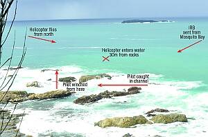 CRASH SCENE:  The reef off Lilli Pilli headland where a helicopter crashed on Sunday night. Sam Edwards saw the accident and swam and climbed through the rocky channels wearing a head torch to rescue pilot Victor Hansen.