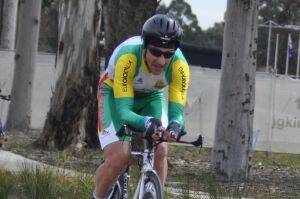 NATIONAL CHAMP:  Broulee cyclist John Vaughan on the bike he rode to victory in the time trial and road race at the Veterans’ Nationals in Canberra.