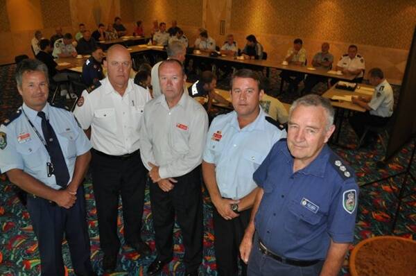 IN REVIEW:  Shoalhaven local area command Chief Inspector Wayne O’Keefe, NSW Ambulance Eurobodalla district manager Steve Owen, Roads and Traffic Authority traffic communications Mark Clark, NSW Fire Brigades Inspector Kel McNamara and Rural Fire Service Shoalhaven group captain John Ashton.