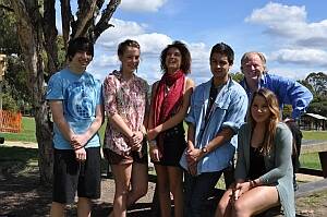 BIG PLANS:  Moruya High School students, from left, Justin Gock, Nitida Atkinson, Sam Smith, Zachary Haberland and Jess Halkett with principal John Walsh after the ATAR results were released.