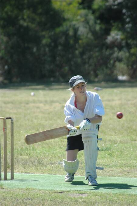 MEGA HIT: Meg McCallum prepares to have a swing at this delivery in the women’s cricket match at Captain Oldrey Park on Sunday.