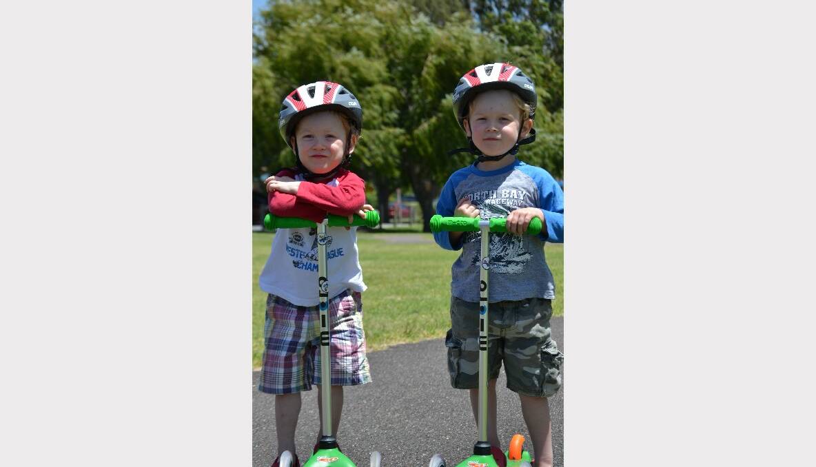 Twins Rex and Austin Rees spent their last day as two-year-olds scooting around Corrigans Reserve on Monday. The Melbourne pair celebrated their third birthday in Batemans Bay on New Year’s Eve with parents Kylie and Llewellyn.  