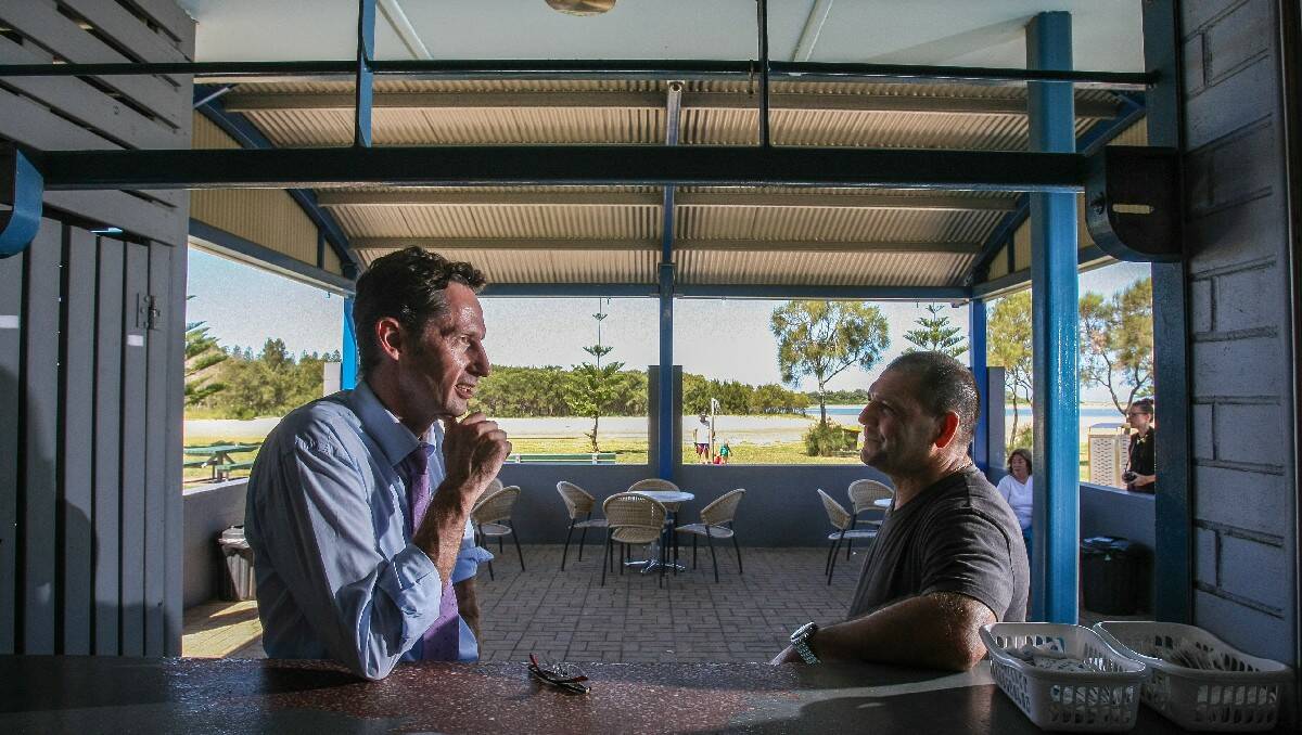 LAKE ILLAWARRA: Reddaall Reserve Kiosk owner Tony Carbone speaks with member for Throsby Stephen Jones about the future of the area in regards to tourism. Picture: DYLAN ROBINSON