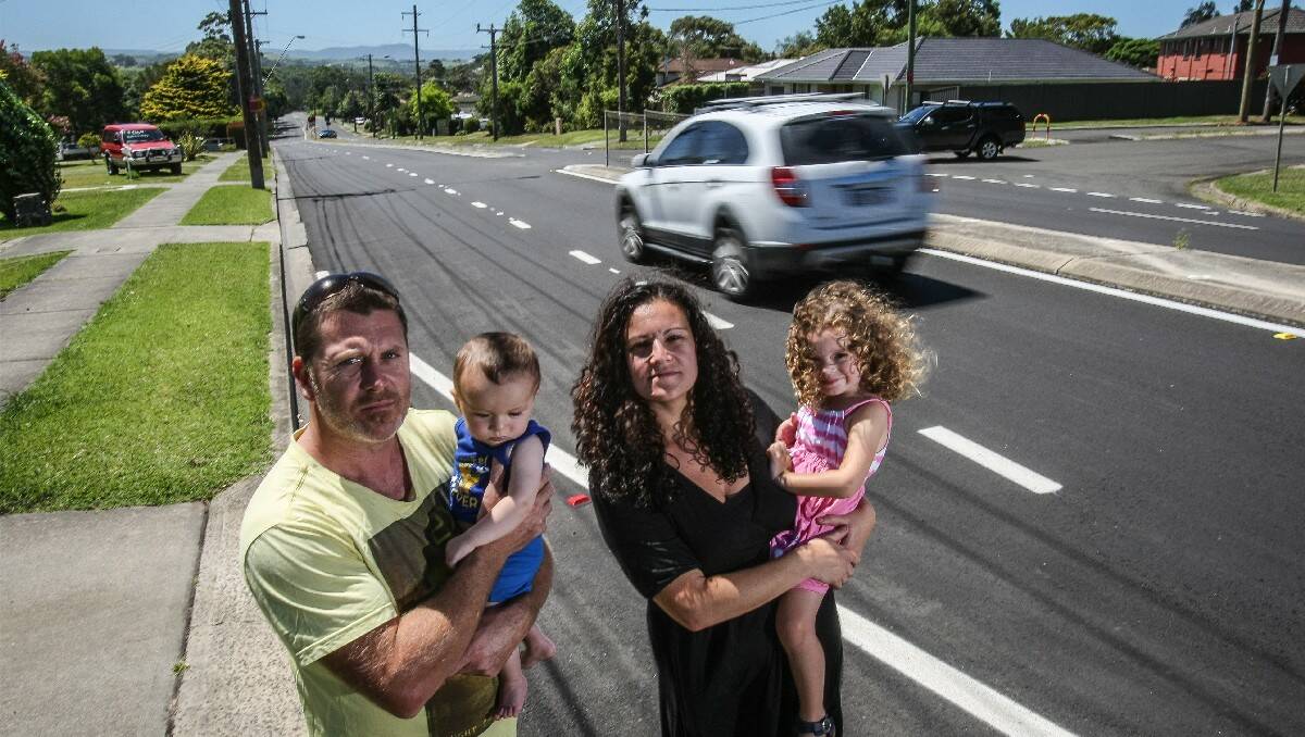 Jessica Arroyo, pictured with her partner Matt Counsell, son Mikky, 7 months, and daughter Libby, 3, is concerned about pedestrian safety on Riverside Drive due to speeding drivers. Picture: DYLAN ROBINSON