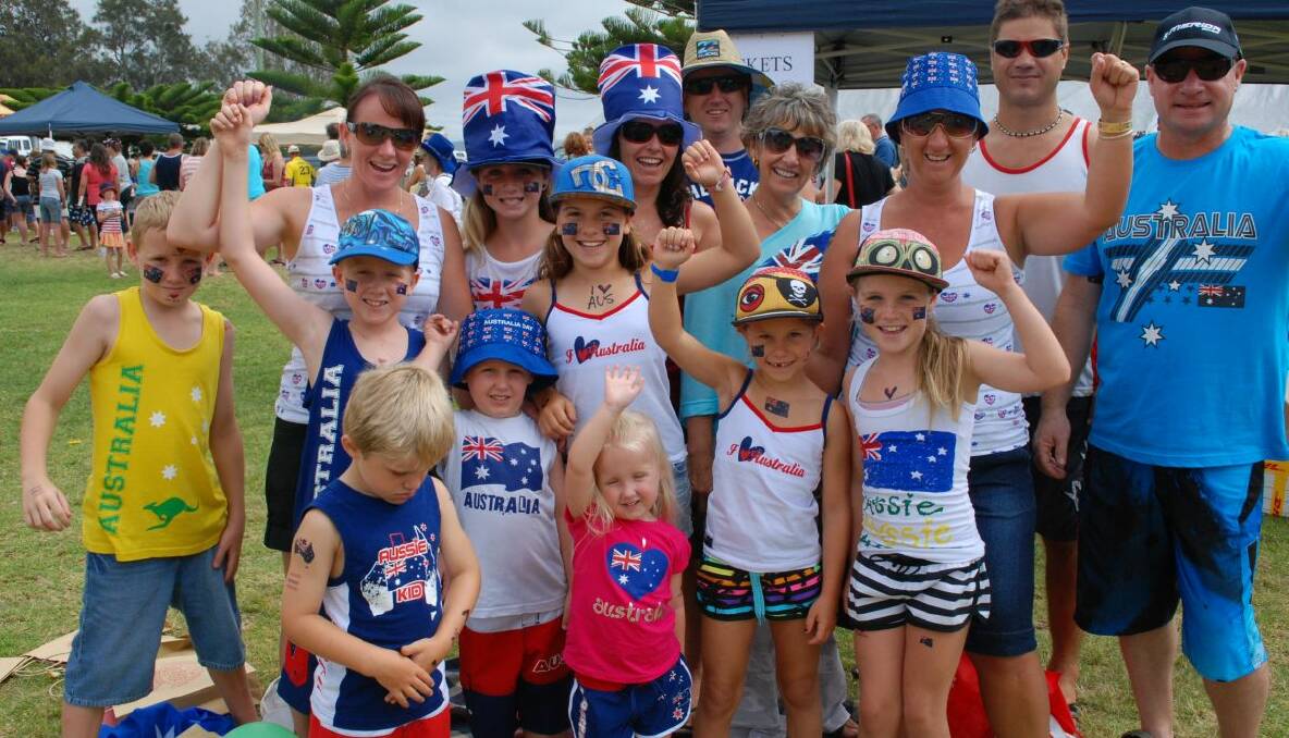 AUSSIE, AUSSIE, AUSSIE: (Front) Evan Lacey, (second row from left) Cody, Bailey, Logan and Addyson Gray, Jaye and Tess Lacey, Madi Singleton, (third row) Kim Gray, Harlie Singleton, Rhian Lacey, Linda Gray, Donna Singleton, (back row) Richard Gray, Simon Lacey and Darryl Singleton celebrated Australia Day at Corrigans Beach last year.