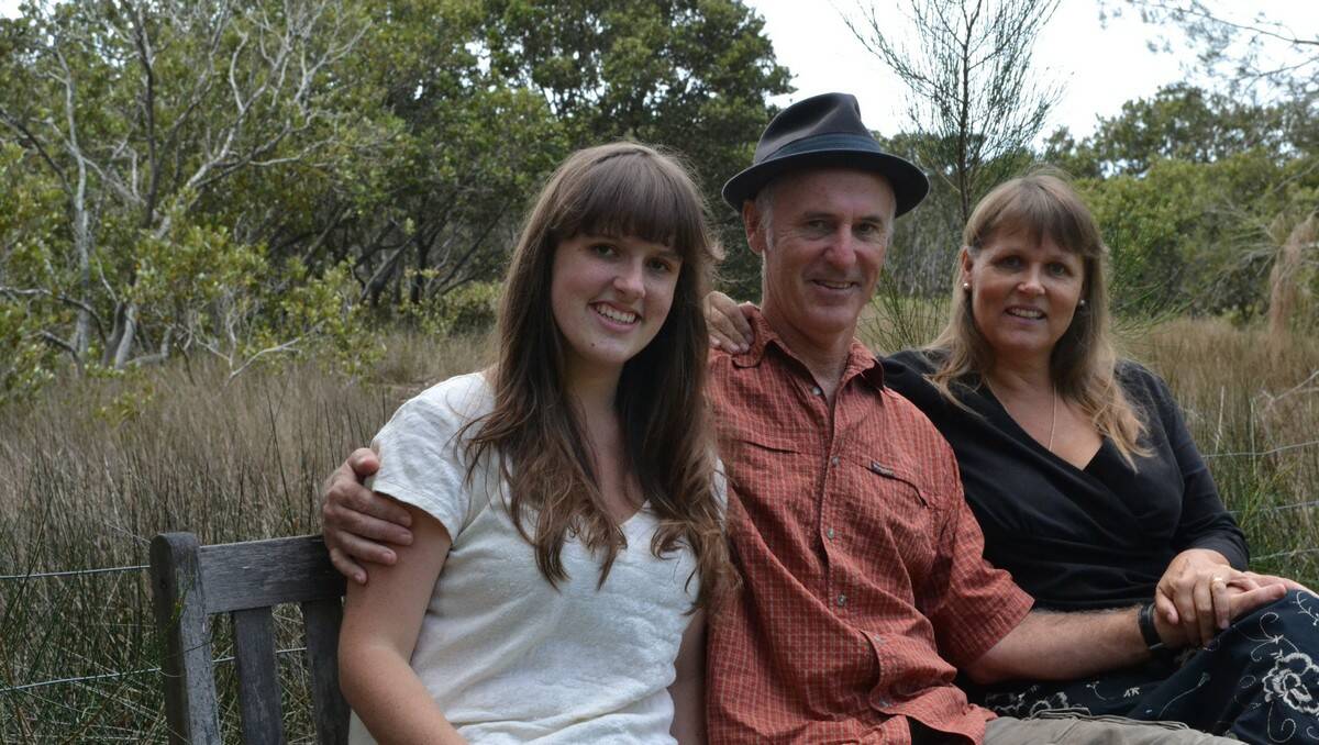 MUSIC MAN: A year after a stroke robbed him of speech, Damian Coen will sing in Mogo on Saturday night. He is pictured with daughter Frankie and his wife Leslie Braman.
