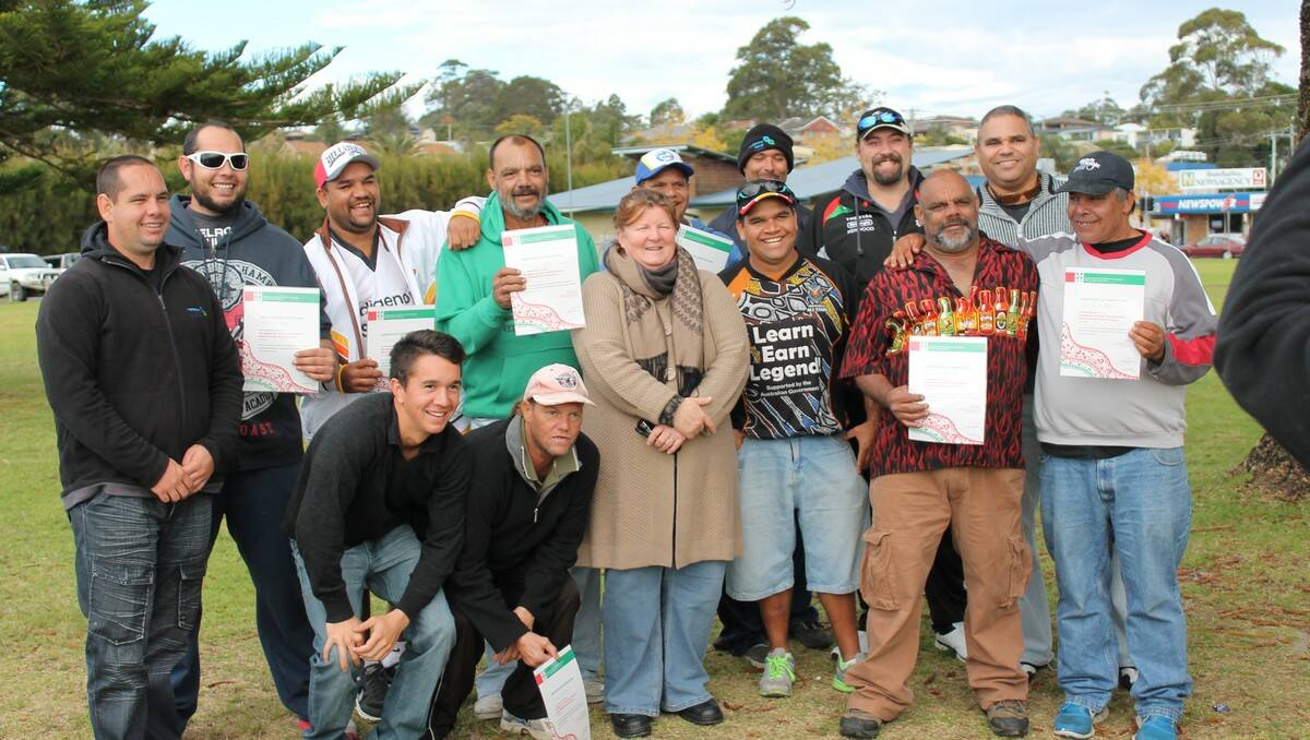 GRADUATES: Nine men have completed a course in mental health first aid training. (back) Shane Chatfield, Todd Chatfield, William Reynolds, Rodney Chatfield, Dean Wighton, Jason Callaghan, Peter Newton, Ivan Goolagong. (front) Liam Parsons, Clarence Reynolds, SNSWLHD trainer Jacki Jackson,  Joe Brierley, Robert Reynolds and Clark Chatfield.