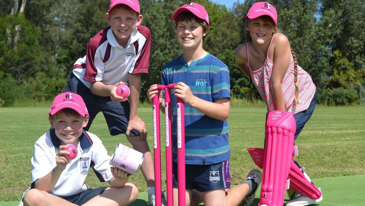 IN THE SPIRIT: Junior cricketers Tim Bath, Ryan Pitkin, Lachlan Harrington and Jada Flanagan get in the spirit of Pink Stumps Day last year.
