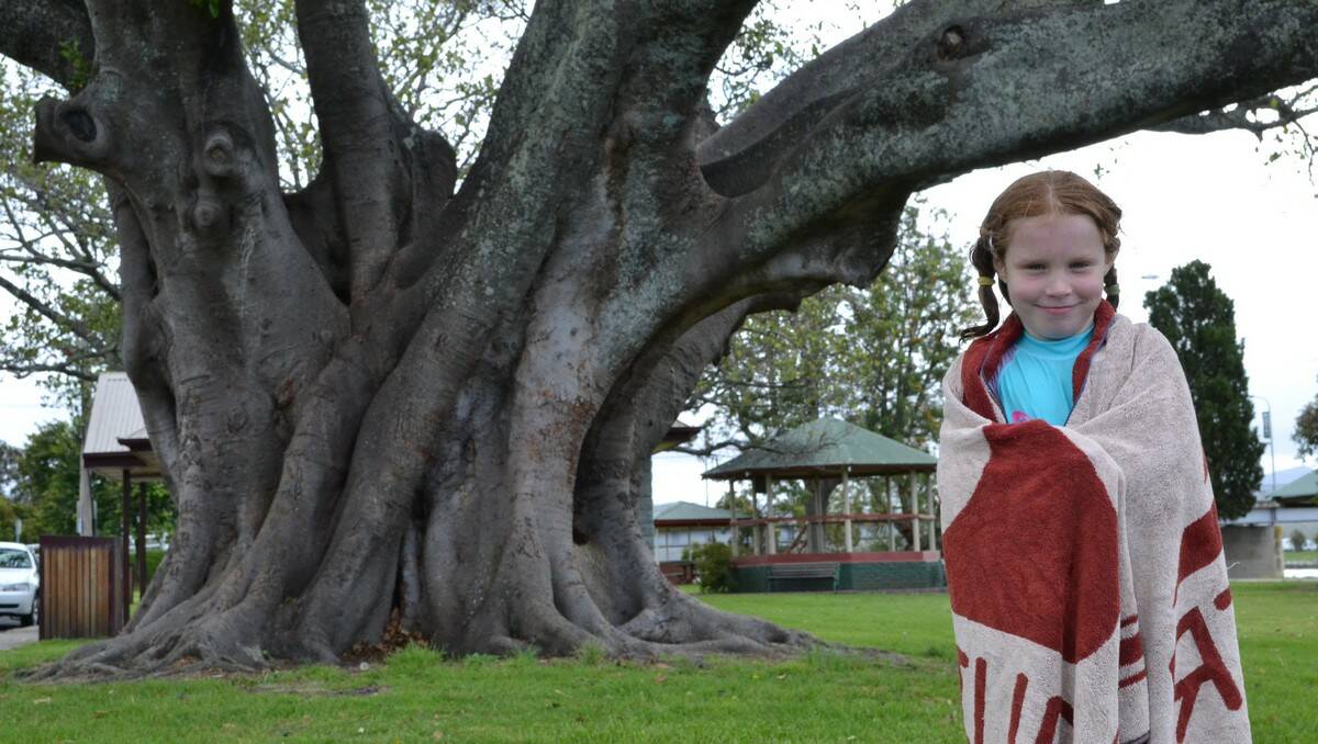 BYE-BYE TREES: Isabelle Thomas, six, from Moruya, says goodbye to the decaying Moreton Bay fig trees at Russ Martin Park, Moruya, which council will remove.