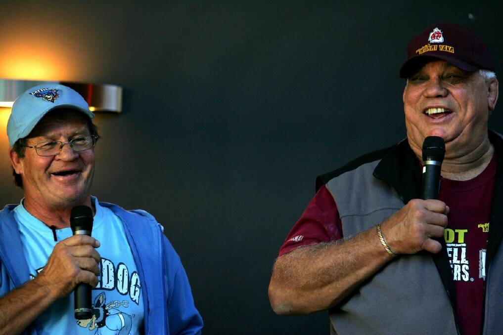 LIVING LEGEND: Tommy Raudonikis (left), pictured here with Queensland Origin legend the late Arthur Beetson, will make an appearance at the Moruya Sharks Sportsmen’s Night next month.
