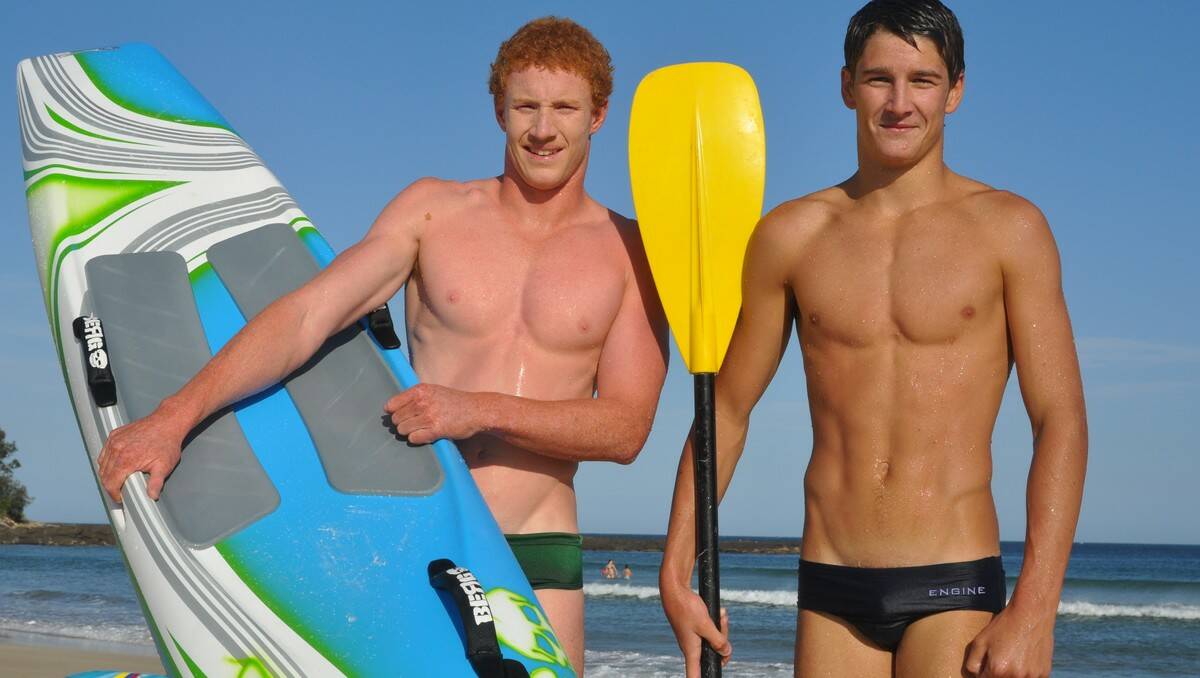ON HAND: Ben McKay, left, and Billy Hughes-Tweedie pictured at a sunnier training session earlier this year. Training turned serious for the pair on Monday when they rescued a father and son in “diabolical surf” at South Broulee.