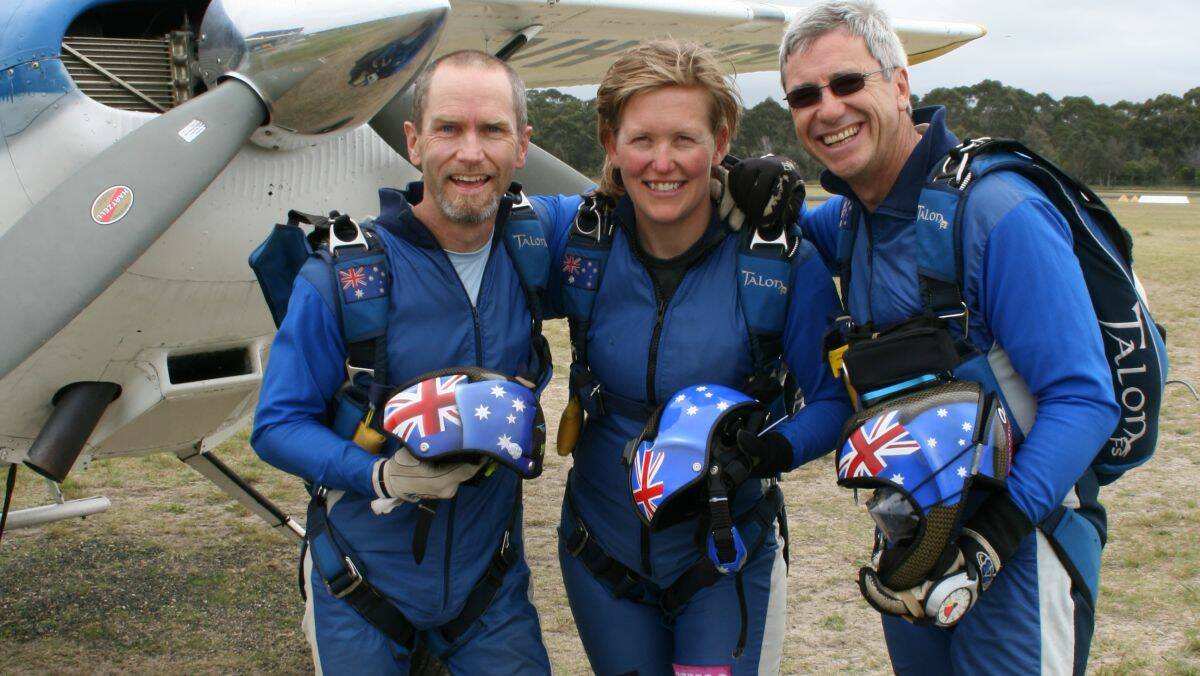 HIGH AMBITIONS: Michael Vaughan, Moruya’s Jules McConnel and Craig Bennett (camera man) hope to knock world champions USA off their perch at next month’s skydiving world championships in Dubai.