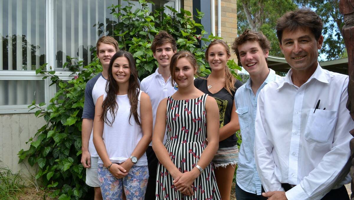 HIGH FLYERS: Moruya High School acting principal Mark English, right, was delighted with the results of students, including, from left, Tyler Litchfield, Amelia Berry, Tyler Adams, Elen Welch, Helen Cahill and Felix Ziergiebel.