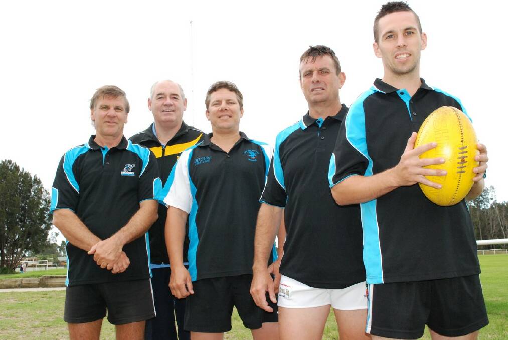BAY’S BOSSES: Members of the Bay Seahawks’ coaching staff for this season (from left) Kevin McDonald (under 16s coach), Peter Williamson (South Coast representative for Queanbeyan Tigers), Dwayne Gentner (leadership group), Danny White (president) and Jamie Kemp (seniors co-coach) at Hanging Rock Oval last week. PHOTO: Josh Gidney.