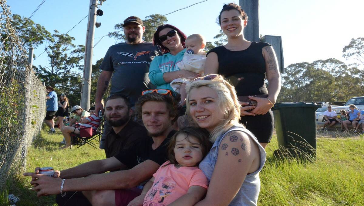 Ryan Wallace of Narooma, Kylie Breacher of Batemans Bay and Chaise Wallace of Narooma with Jazmine White of Mackay, Matt McGuinnes of Batemans Bay, Steven Russell of Narooma and Madison White and Ruby Terry of Mackay at the Moruya Speedway.